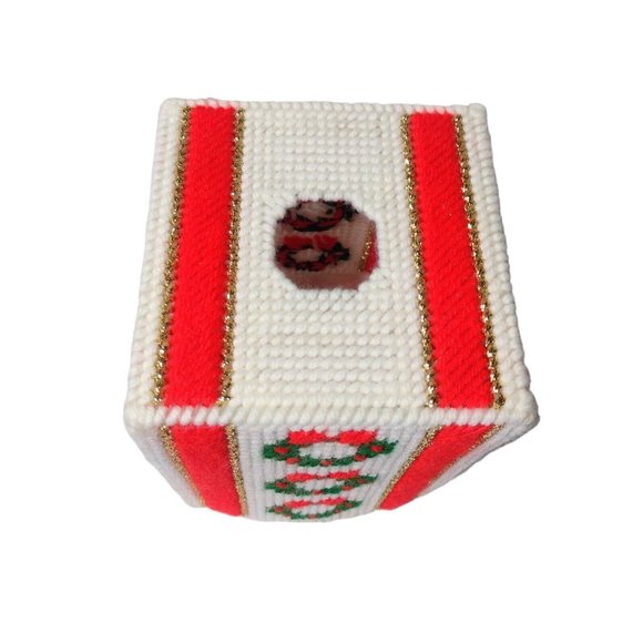 Christmas Wreath Tissue Box Cover Handmade Plastic Canvas Metallic Holiday - Picture 4 of 5